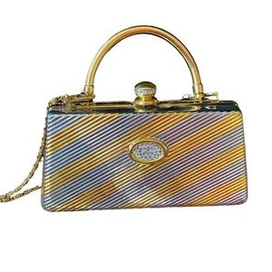 Vtg Silver Gold Stripe Metal clutch minaudiere Mini Bag Top Handle Crystals